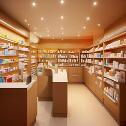 Design an interior of a 12*30 size pharmacy shop with well-organized shelves for medicines, a sleek counter, comfortable customer service area and a visually appealing layout.