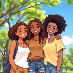 A vibrant and joyful illustration of a teenage trio of girls showcasing their friendship