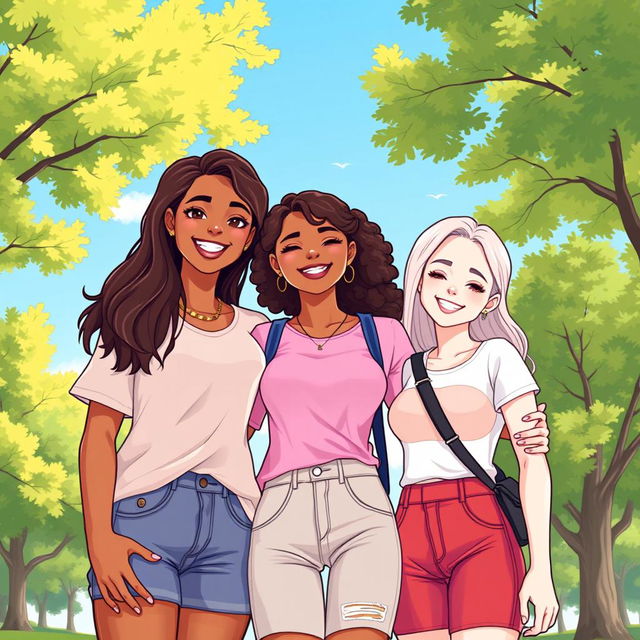 A vibrant and joyful illustration of a teenage trio of girls showcasing their friendship