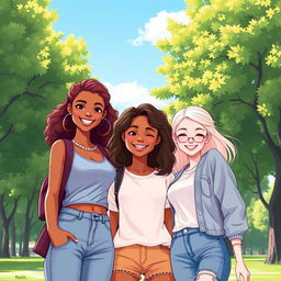 A vibrant and joyful illustration of a teenage trio of girls showcasing their friendship