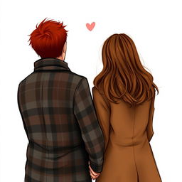 A realistic drawing of a couple viewed from behind, trying to hold hands