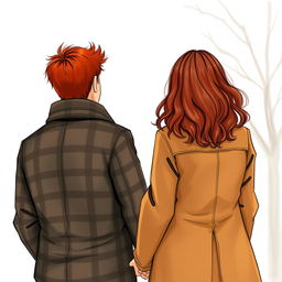 A realistic drawing of a couple viewed from behind, trying to hold hands
