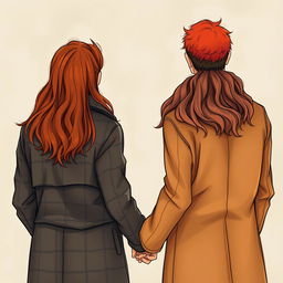 A realistic drawing of a couple viewed from behind, trying to hold hands
