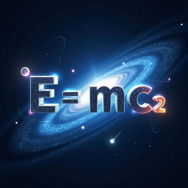 A visually striking representation of the equation E=mc², presented in a cosmic theme