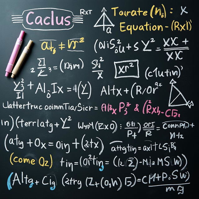 An artistic display of complex mathematical equations on a chalkboard background, featuring various advanced topics such as calculus, linear algebra, and differential equations