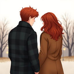 A realistic illustration of a couple seen from behind, trying to hold hands