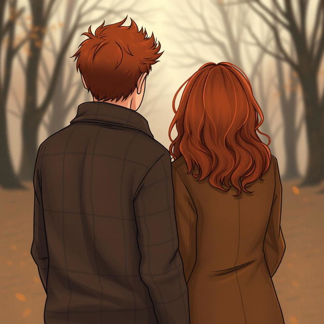 A realistic illustration of a couple seen from behind, trying to hold hands