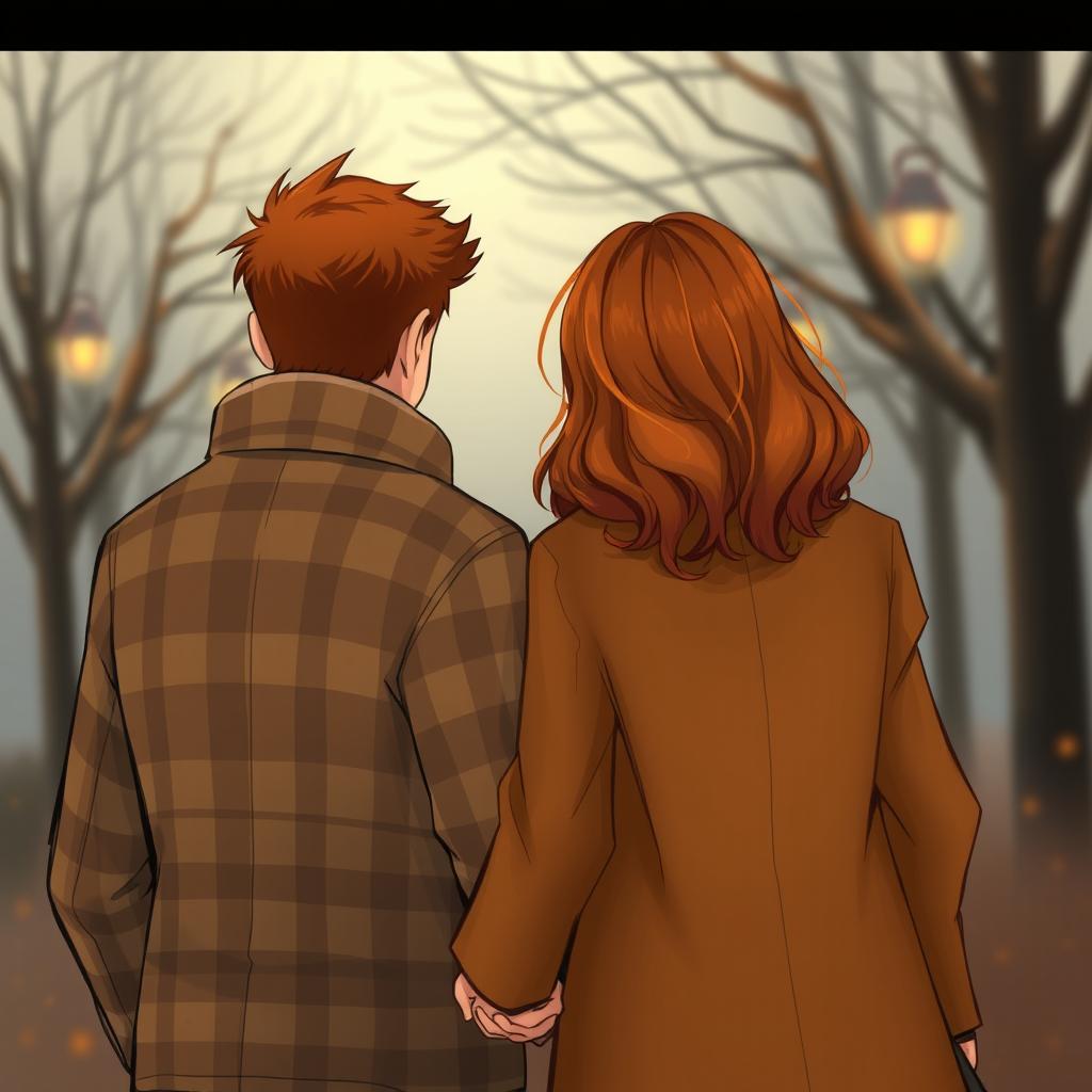 A realistic illustration of a couple seen from behind, trying to hold hands