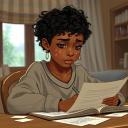 A young teenage girl with caramel skin and short curly hair styled in a nice angular cut, sitting at a desk with tears streaming down her face as she writes a heartfelt poem