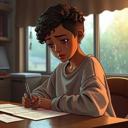 A young teenage girl with caramel skin and short curly hair styled in a nice angular cut, sitting at a desk with tears streaming down her face as she writes a heartfelt poem