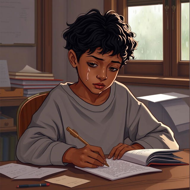 A young teenage girl with caramel skin and short curly hair styled in a nice angular cut, sitting at a desk with tears streaming down her face as she writes a heartfelt poem