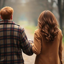 A couple seen from behind, trying to hold hands but not quite reaching each other