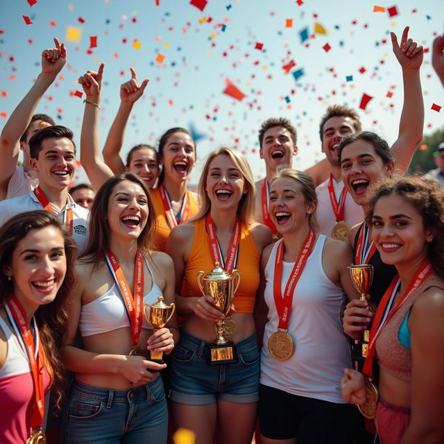 A celebratory scene showcasing winners of various competitions, surrounded by trophies, medals, and confetti