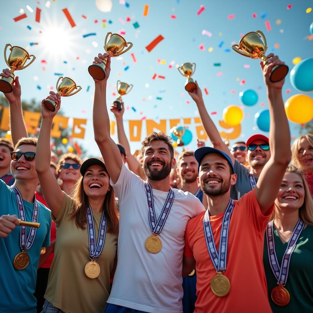 A vibrant celebration scene featuring diverse winners from various competitions, each holding trophies and medals proudly