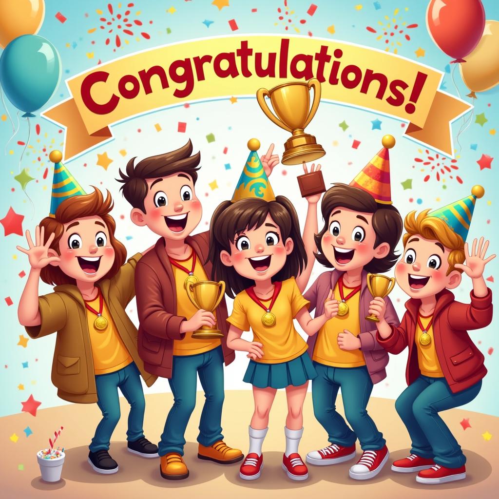 A colorful and cheerful cartoon illustration of winners celebrating their achievements