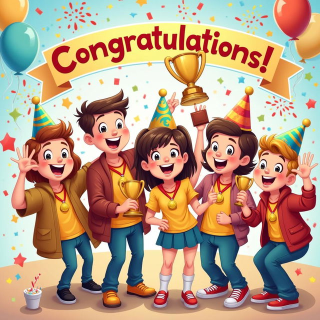 A colorful and cheerful cartoon illustration of winners celebrating their achievements