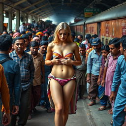 A poignant and emotional scene on a crowded Indian railway station platform during the day