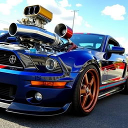 A powerful and sleek Mustang car with a shiny V8 engine prominently displayed under the hood