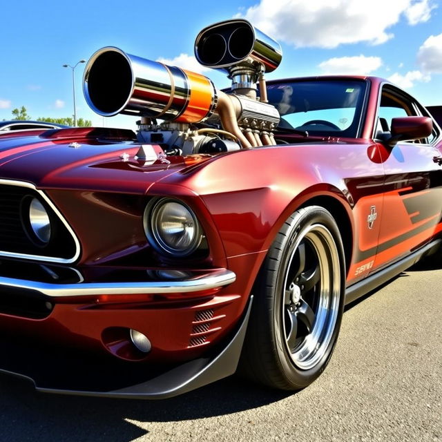 A powerful and sleek Mustang car with a shiny V8 engine prominently displayed under the hood