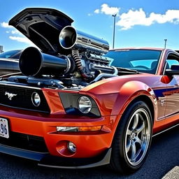 A powerful and sleek Mustang car with a shiny V8 engine prominently displayed under the hood