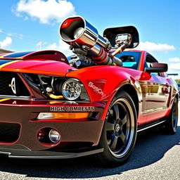 A powerful and sleek Mustang car with a shiny V8 engine prominently displayed under the hood