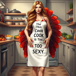 A hyper-realistic illustration of a very beautiful female model who resembles a turkey, featuring long, flowing hair and striking eyelashes