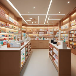 Design an interior of a 12*30 size pharmacy shop with well-organized shelves for medicines, a sleek counter, comfortable customer service area and a visually appealing layout.