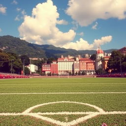 A vibrant football field set in Caracas, Venezuela, surrounded by lush greenery and the mountainous landscape typical of the region
