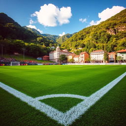 A vibrant football field set in Caracas, Venezuela, surrounded by lush greenery and the mountainous landscape typical of the region