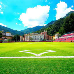 A vibrant football field set in Caracas, Venezuela, surrounded by lush greenery and the mountainous landscape typical of the region