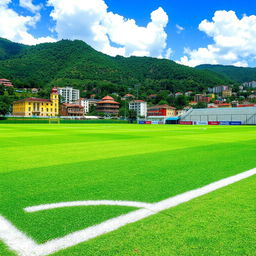 A vibrant football field set in Caracas, Venezuela, surrounded by lush greenery and the mountainous landscape typical of the region