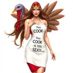 A hyper-realistic illustration of a stunningly beautiful female model resembling a turkey, featuring luscious long hair flowing elegantly