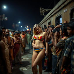A poignant and evocative scene captured at night on a crowded, dirty platform of an Indian railway station, illuminated by dim artificial lighting