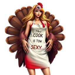 A hyper-realistic illustration of a stunningly beautiful female model who resembles a turkey, featuring long, flowing hair, elegantly painted long nails, strikingly beautiful eyelashes, and luscious red lipstick adorning her perfectly shaped lips