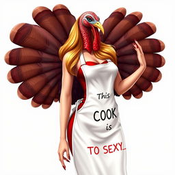 A hyper-realistic illustration of a stunningly beautiful female model who resembles a turkey, featuring long, flowing hair, elegantly painted long nails, strikingly beautiful eyelashes, and luscious red lipstick adorning her perfectly shaped lips