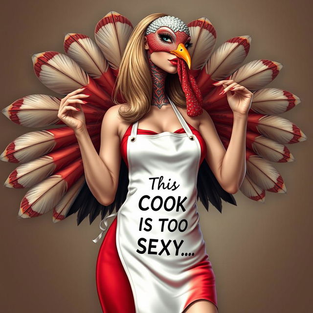 A hyper-realistic illustration of a stunningly beautiful female model who resembles a turkey, featuring long, flowing hair, elegantly painted long nails, strikingly beautiful eyelashes, and luscious red lipstick adorning her perfectly shaped lips