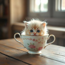 A raw photograph of an adorable fluffy kitten sitting snugly inside a delicate teacup