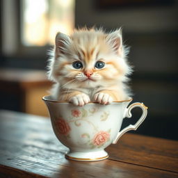 A raw photograph of an adorable fluffy kitten sitting snugly inside a delicate teacup