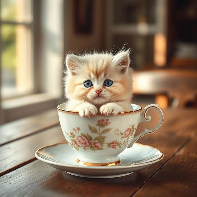 A raw photograph of an adorable fluffy kitten sitting snugly inside a delicate teacup