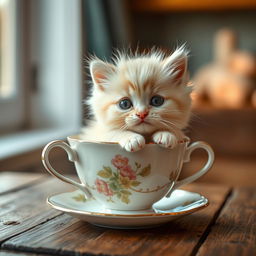 A raw photograph of an adorable fluffy kitten sitting snugly inside a delicate teacup