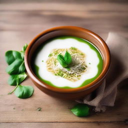 Generate an image of a white brick soup with sprouts, presented beautifully in a ceramic bowl, set against a rustic wooden table