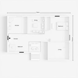 Architectural floor plan for a minimalist single-story house, featuring an open layout that includes a kitchen, dining area, bedroom, bathroom, living room, and either a front or back patio