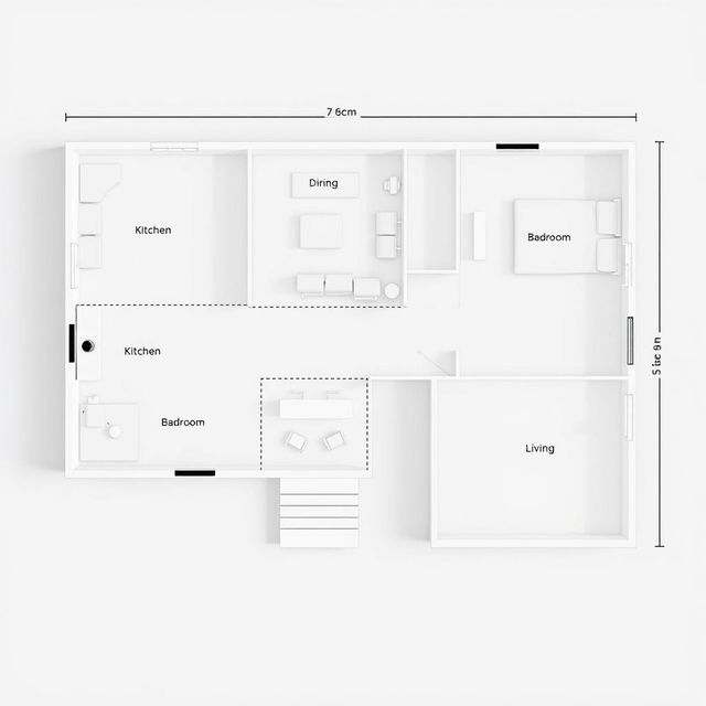 Architectural floor plan for a minimalist single-story house, featuring an open layout that includes a kitchen, dining area, bedroom, bathroom, living room, and either a front or back patio