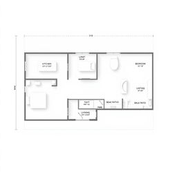 Architectural floor plan for a minimalist single-story house, featuring an open layout that includes a kitchen, dining area, bedroom, bathroom, living room, and either a front or back patio