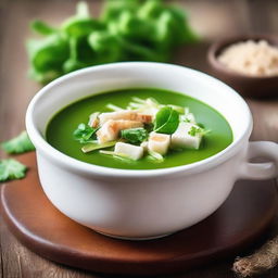 Generate an image of a white brick soup with sprouts, presented beautifully in a ceramic bowl, set against a rustic wooden table