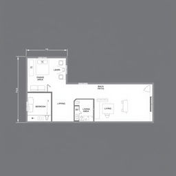 Architectural floor plan for a minimalist single-story house, featuring an open layout that includes a kitchen, dining area, bedroom, bathroom, living room, and either a front or back patio