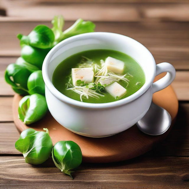 Generate an image of a white brick soup with sprouts, presented beautifully in a ceramic bowl, set against a rustic wooden table