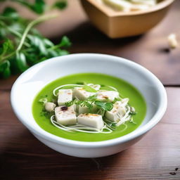 Generate an image of a white brick soup with sprouts, presented beautifully in a ceramic bowl, set against a rustic wooden table