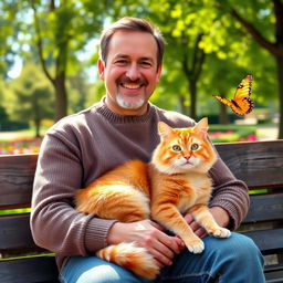 A heartwarming scene featuring a man sitting on a park bench with a fluffy orange tabby cat resting on his lap