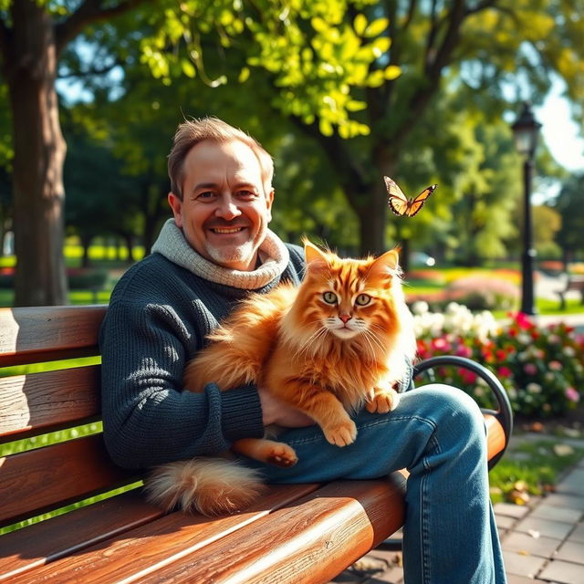 A heartwarming scene featuring a man sitting on a park bench with a fluffy orange tabby cat resting on his lap